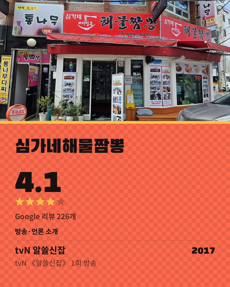 심가네해물짬뽕 · Google 4.1 ★ · Google 리뷰 226개 · 방송·언론 소개: tvN 알쓸신잡 2017 tvN 《알쓸신잡》 1회 방송